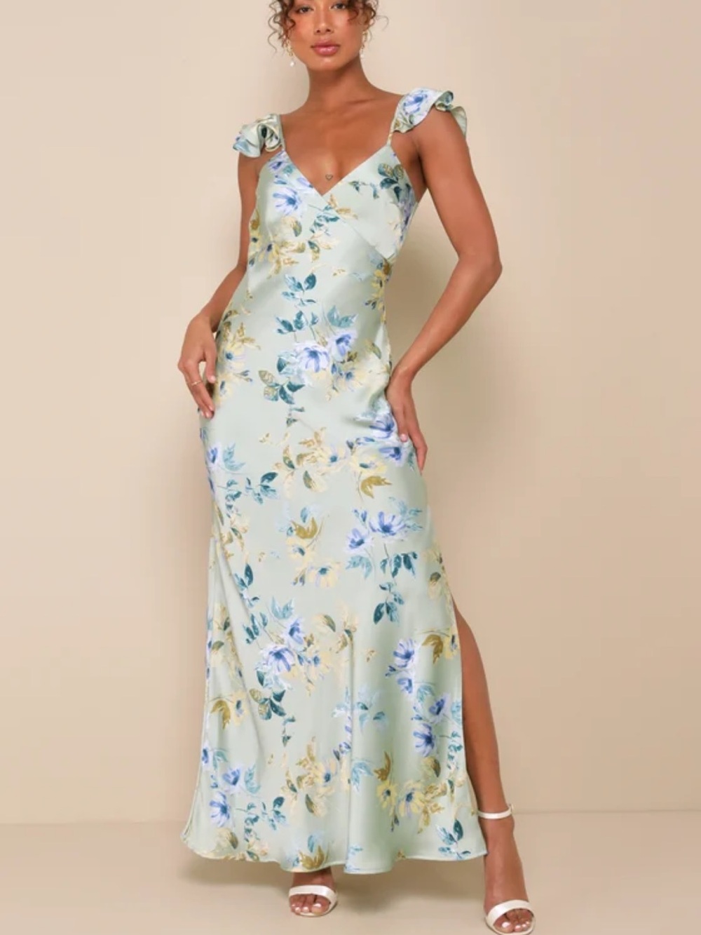 Floral Satin Slip Dress with Ruffle Straps - Light Mint - Picture 1 of 2